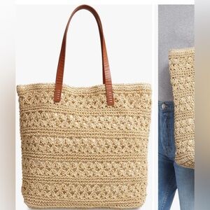 Nordstrom Woven Straw Tote Bag with Brown Handles - Natural